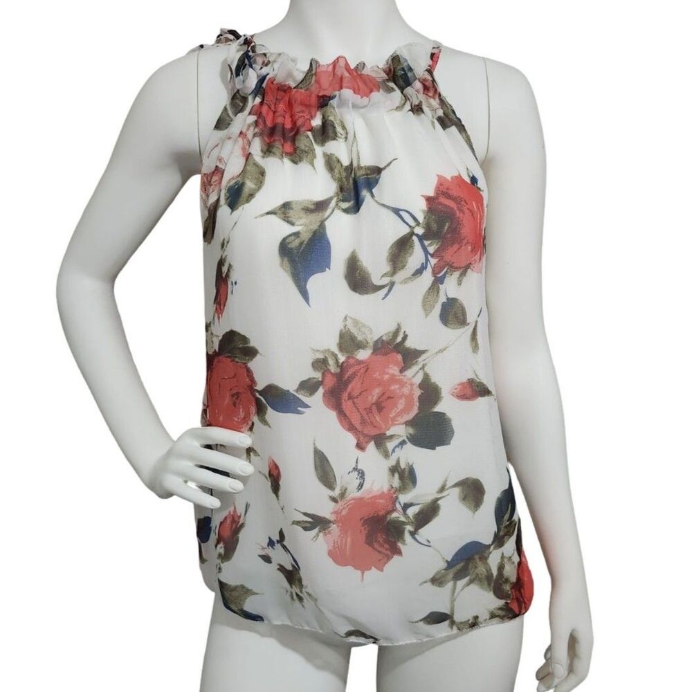 Romantic Floral Halter Neck Blouse with Shoulder Tie Details